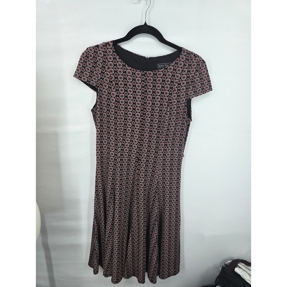 Jessica Howard Womens 6P Petite Red Black Medallion Print Cap Sleeve Flare Dress